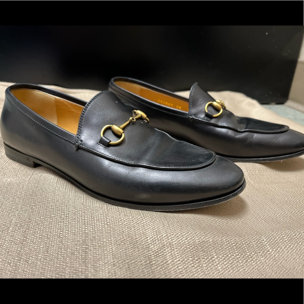 Gucci Jordaan Loafers Black Gold Horsebit Size 38